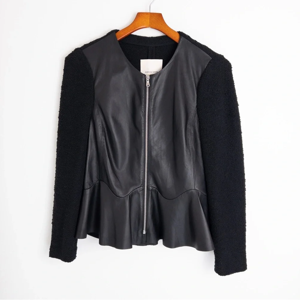 Rebecca Taylor . Leather & Boucle Knit Ruffle Peplum Jacket - Picture 8 of 10